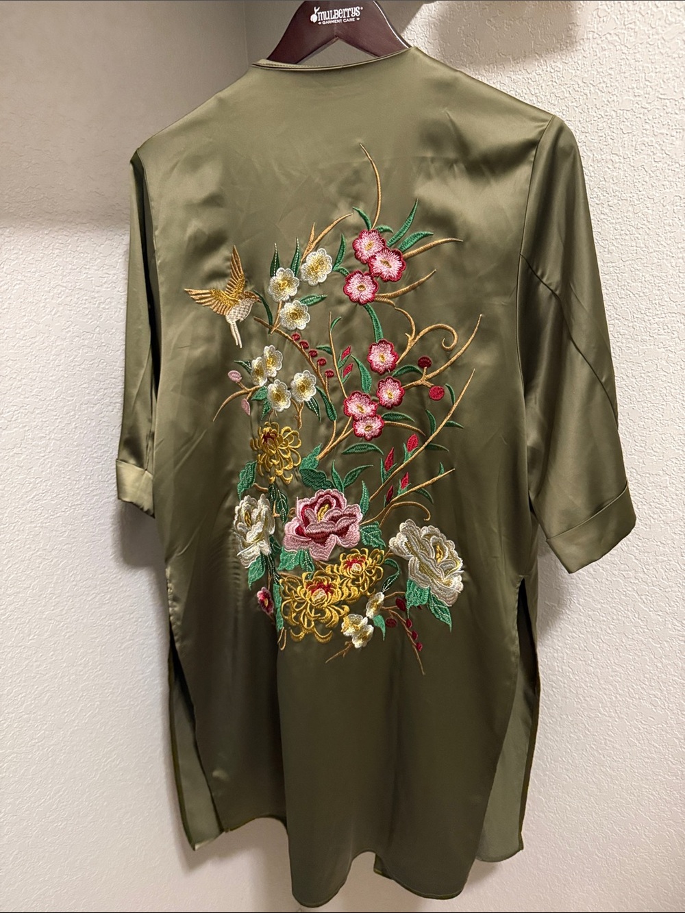 Floreat Olive Green Satin Embroidered Kimono Tunic